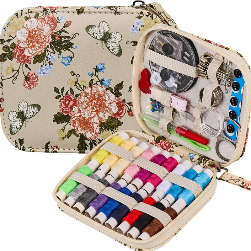 Bobode Printing Sewing Kit Floral Pattern Sewing Set Small Basic Travel Sewing Kit for Adults, 87 PCS Professional Sewing Supplies Accessory for Emergency, Home - Image 1